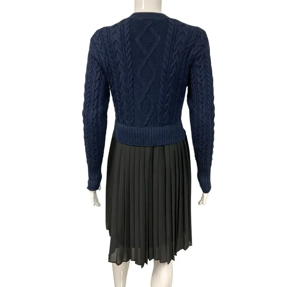 KENZO Blue Black Wool Cable Knit Layered Mixed Media Pleated Crepe Dress Size XS - Picture 2 of 6